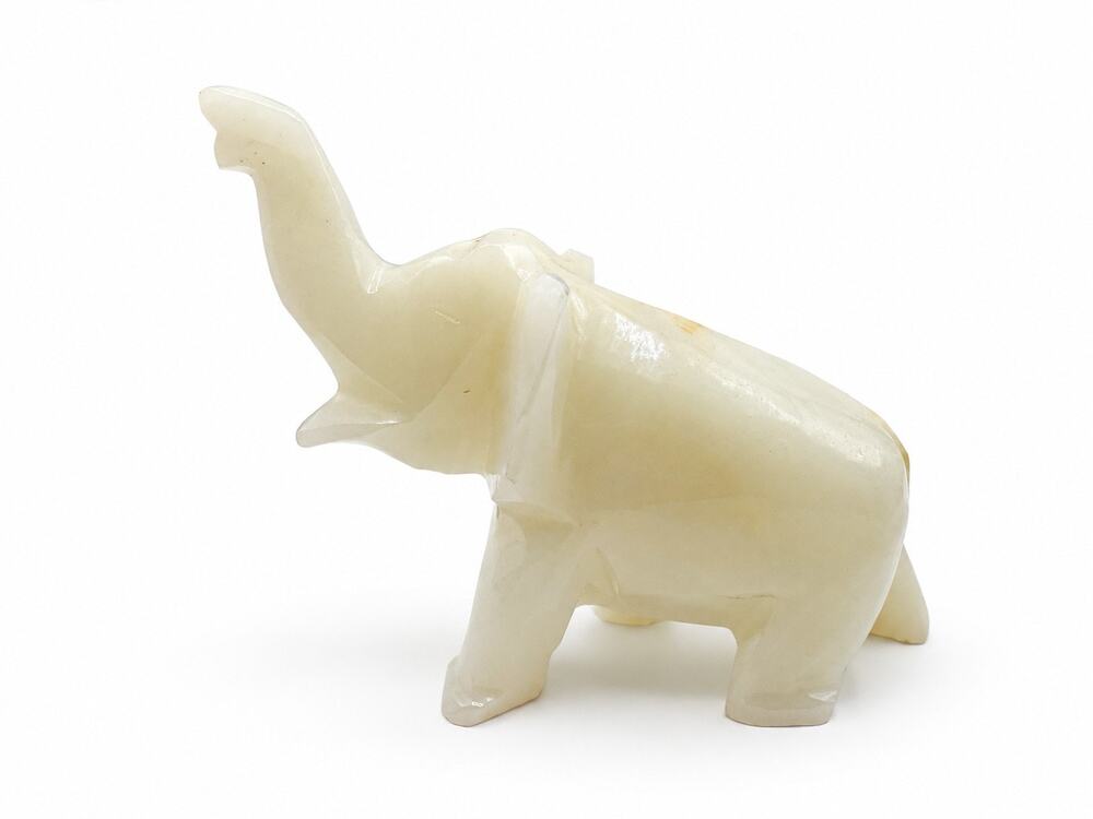 White Calcite Onyx Elephant Figurine Carved Stone Raised Trunk Vintage